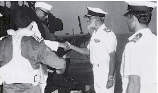 From left: Helicopter Pilot, Prime Minister Desai, Vice Admiral Awati, Captain Gupta. Arriving on INS Shakti, February 1979