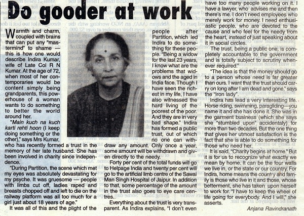 2001: Indira Kumar at 72 – Hindustan Times article. 