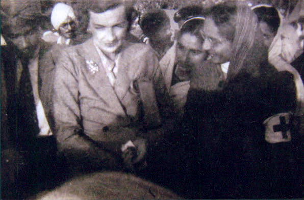 Lady Edwina Mountbatten (left) at the refugee camps, with Indira Anand (centre) and her cousin, Usha Bhandari (right). Note the Red Cross armbands.