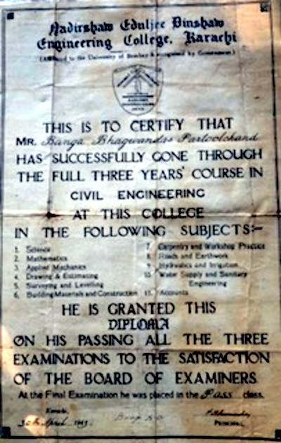 My father’s Civil Engineering Diploma, Karachi, 1943.
