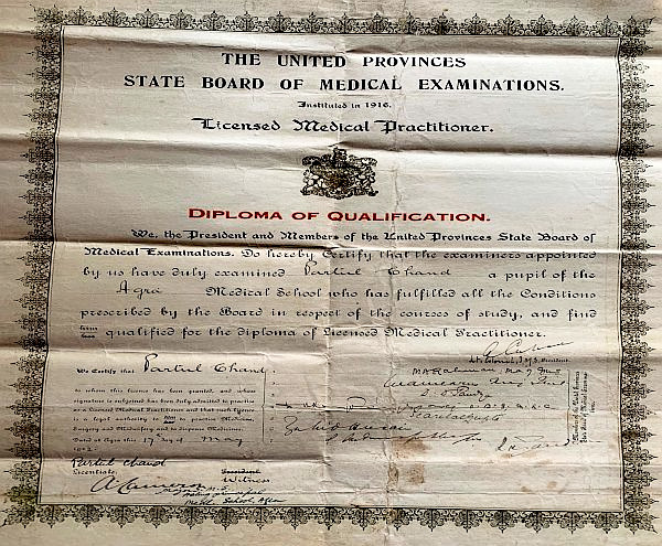 Licensed Medical Practitioner certificate for Partool Chand Banga, my grandfather. 1922.