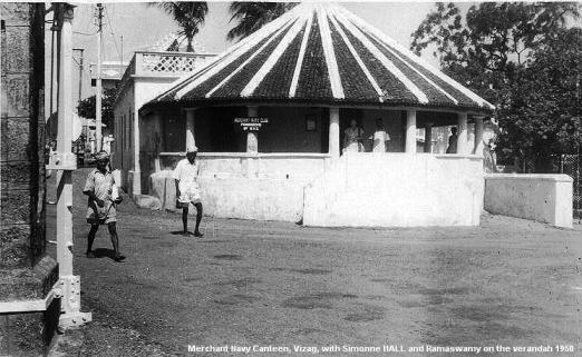 Merchant Navy Canteen, Vizag, with Simmone Hall and Ramaswamy on the verandah. 1950.