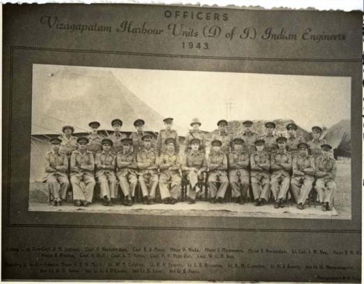 Officers of the Vizag Harbour Indian Engineers, Unit – 1943.  Capt. Herbert Hall is 4th from right, front row 