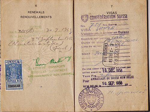 Passport Uma Sethi, showing departure date 1958 and Swiss visa