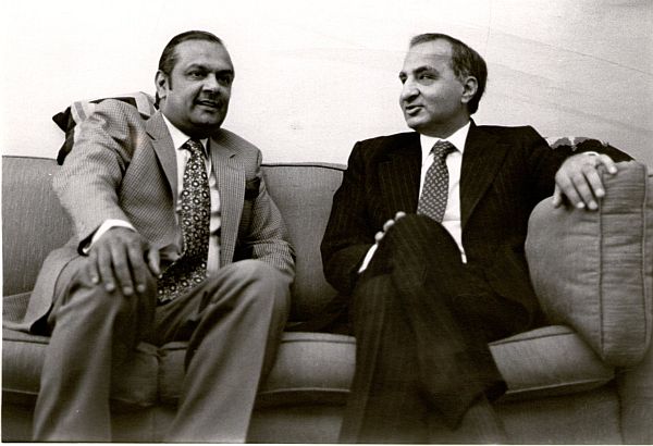 In London's Holland Park Reginald Massey, left, chats with fellow Lahore born writer Ved Mehta. 1990s.