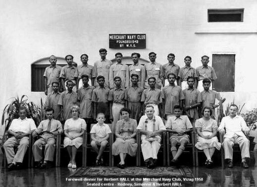 Farewell dinner for Herbert Hall and family at the Merchant Navy Club, Vizag, 1950.  Seated centre, Rodney, Simmone and Herbert Hall. 