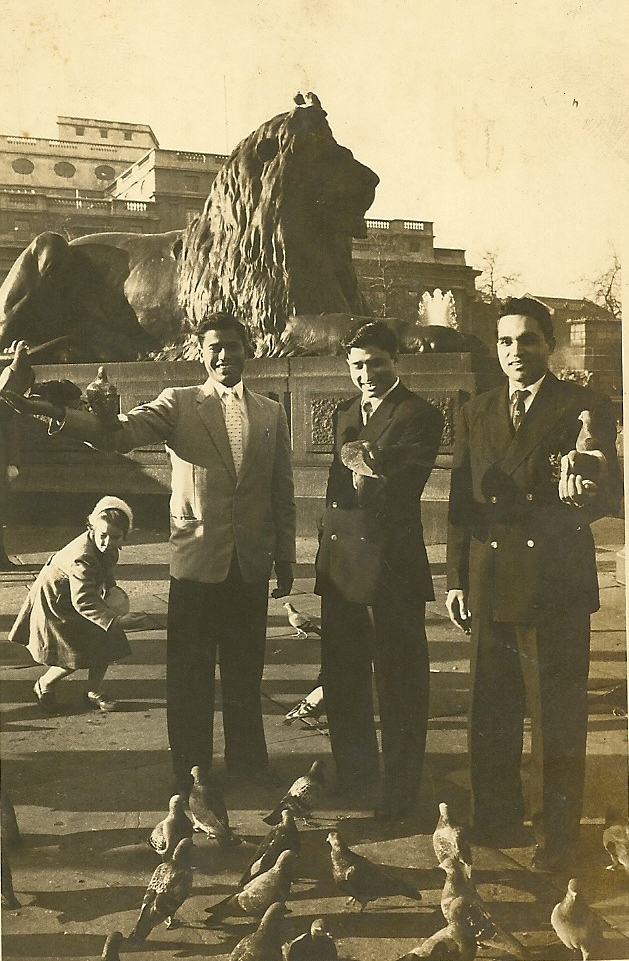 S L Bhatla with friends in Trafalgar Square, London 1959 during Christmas break